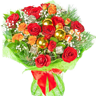 "С Новым Годом!". Букет роз в новогоднем оформлении
