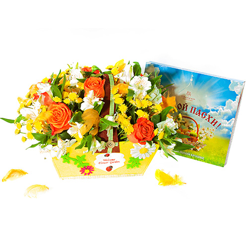 "Пасхальный свет". Корзина цветов и коробка конфет